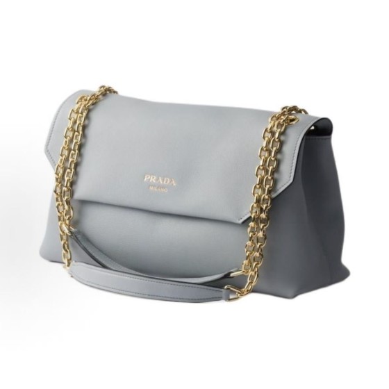 PRADA Doux Doux embossed letter logo magnetic clasp opening and closing calfskin crossbody single-shoulder bag, medium size for women, sky blue